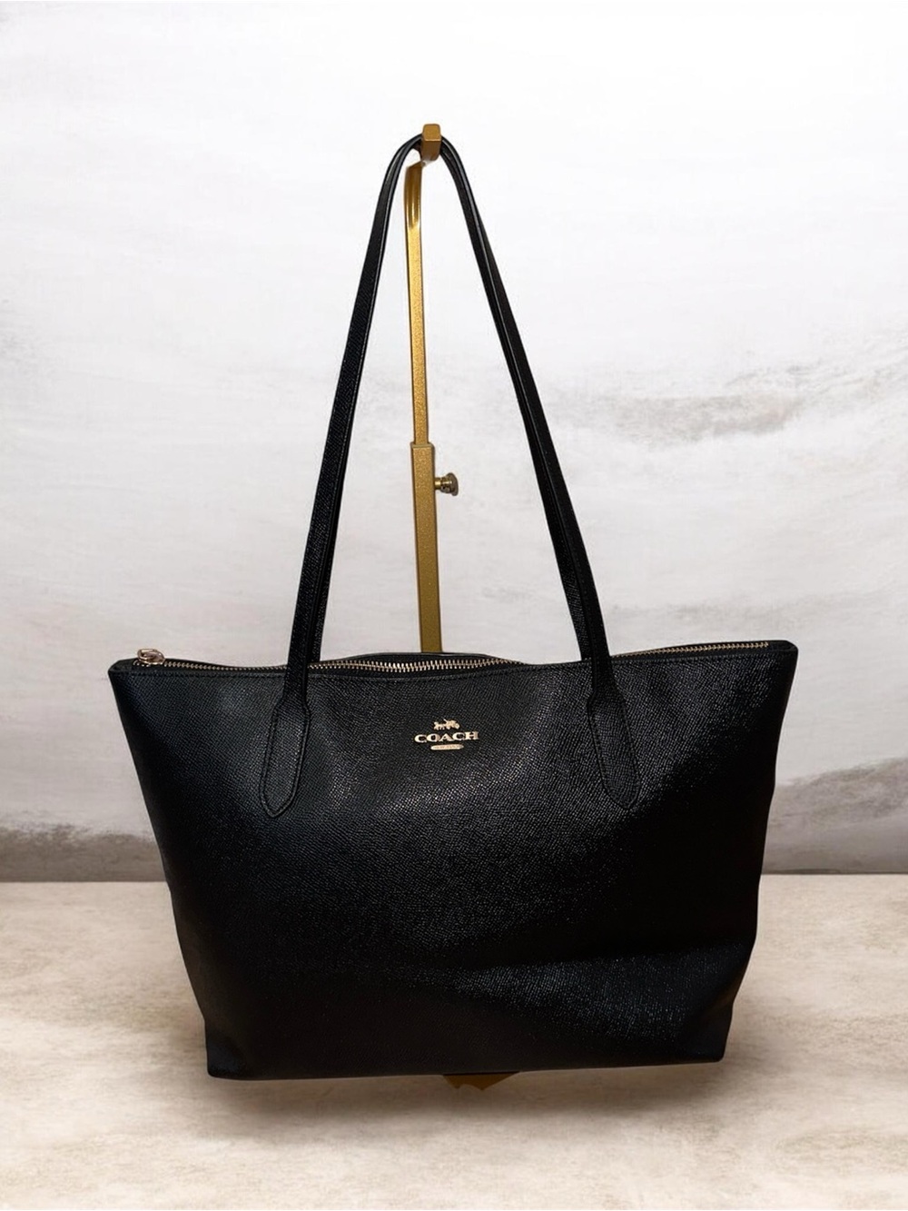 Coach Black Leather Zip-Top Tote with Gold Logo